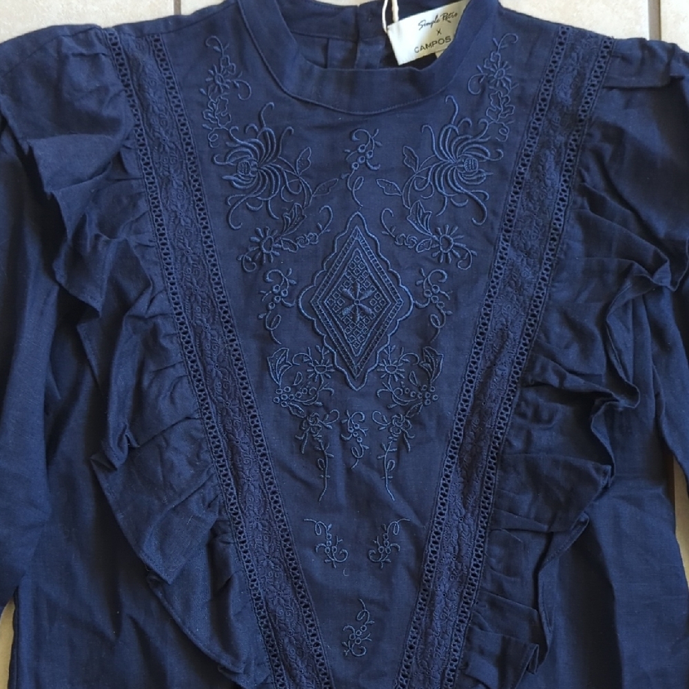 Embroidered Ruffle Long-Sleeve Top - Navy - Picture 3 of 9